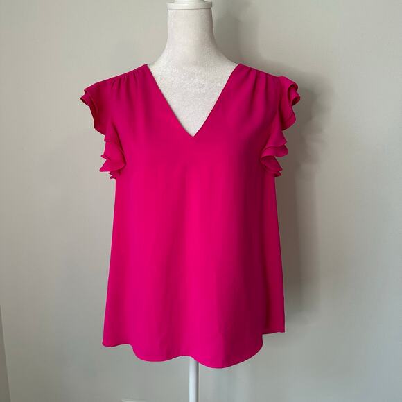 Amanda Uprichard hot pink flutter sleeve v-neck top size M - Picture 2 of 13